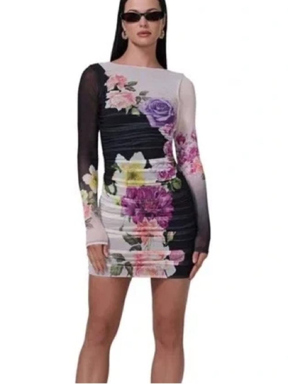 AFRM Floral Contrast Long-Sleeve Mini Dress - Black, White & Purple